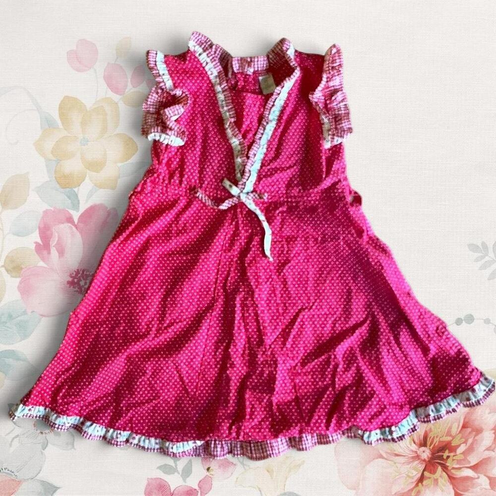 vintage girls hot pink polka dot ruffle dress with gingham trim 4T